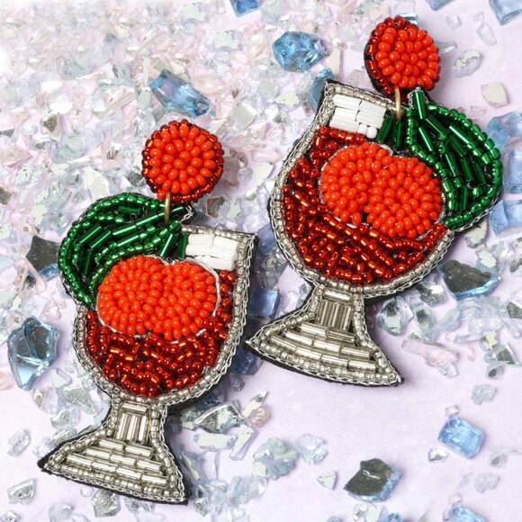 Cherry Cocktail Seed Beaded Statement Earrings NEW - Picture 3 of 3